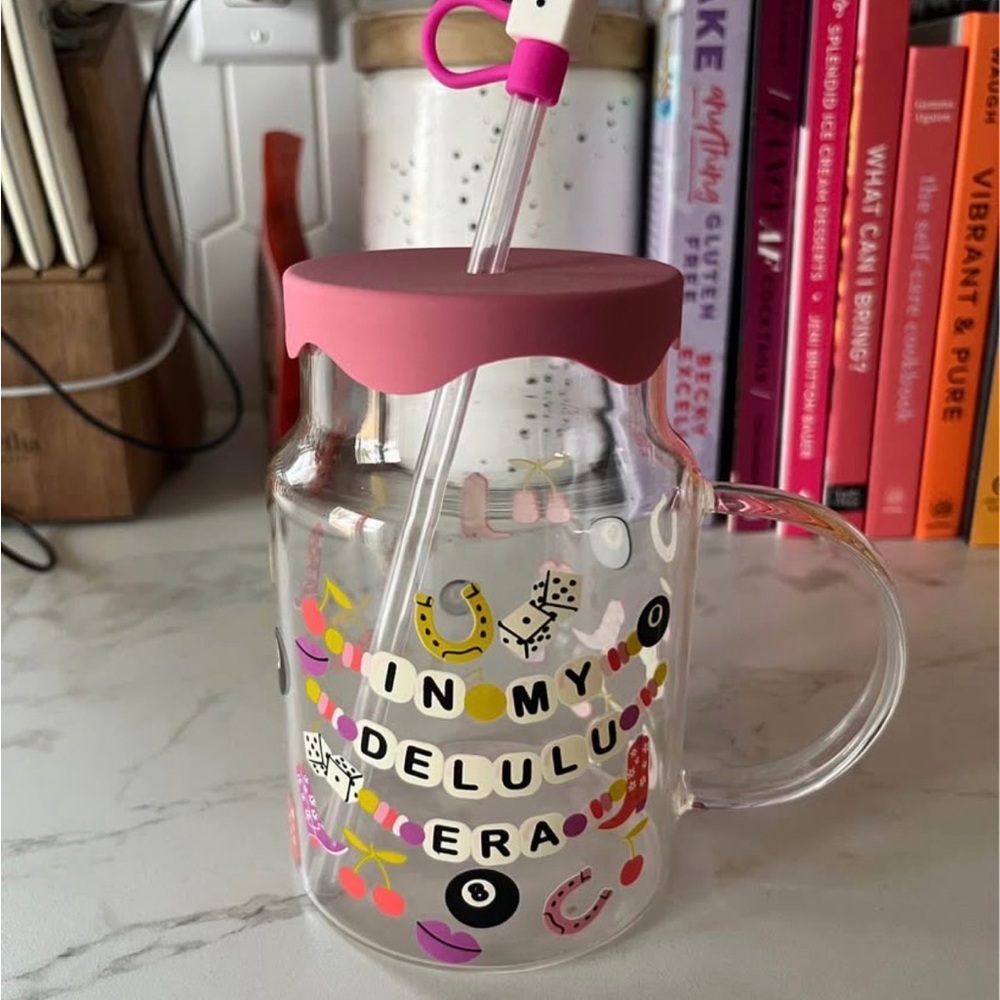 Clear Glass Mug with Pink Lid and Straw